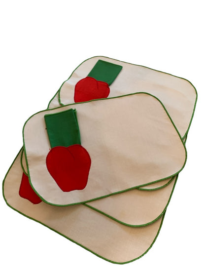 Set of 6 Backed Placemats and Napkins Pockets Cherry Design Green Red