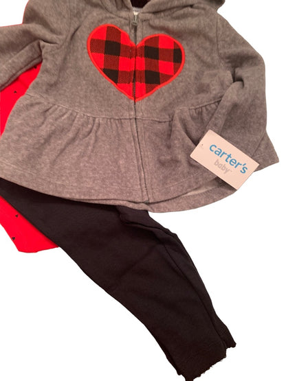 3 Months Carters Infant Girls 3 Piece Outfit Buffalo Plaid Heart New