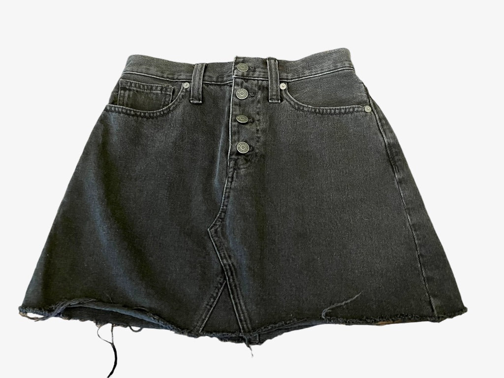 26 Madewell Rigid Denim A-Line Frayed Hem 4 Button 4 Pocket Skirt Black Jean