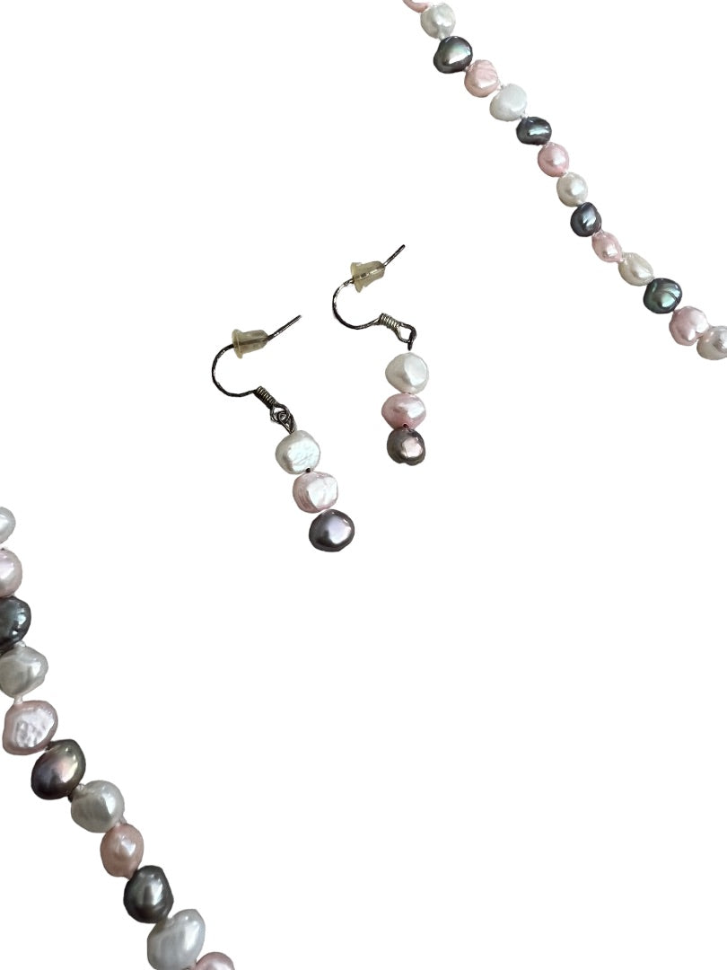 Freshwater Multicolor Pearl Necklace and Earrings Set Pink Gray White Dangle Earring