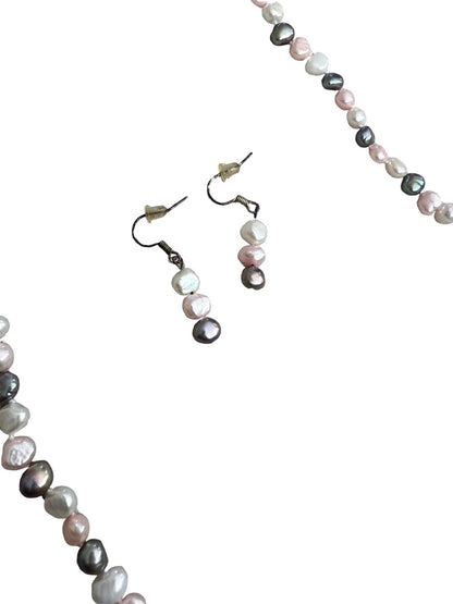 Freshwater Multicolor Pearl Necklace and Earrings Set Pink Gray White Dangle Earring