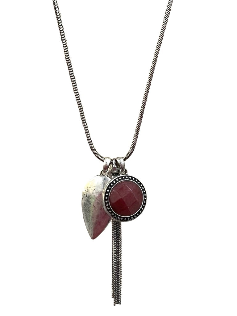 Lucky Brand Silvertone Long Charm Necklace Tassel Maroon Cabochon Leaf 30"+2"