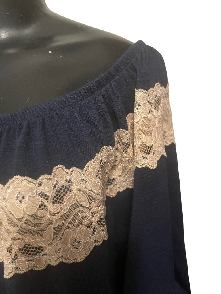 Large Bella D Lace Embellisment Women's Navy Blue Off Shoulder Blouse