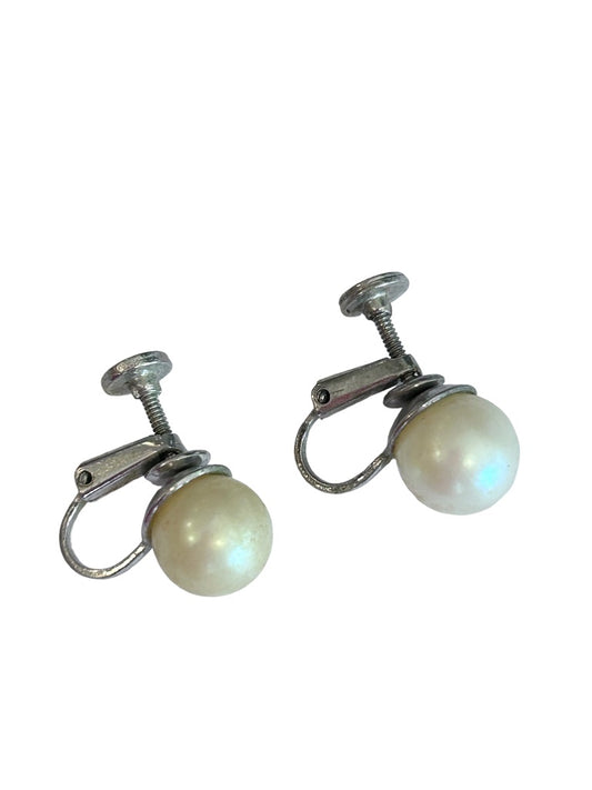 Vintage 1960s Faux Pearl Screwback Non-Pierced Earrings 3/8" Silvertone