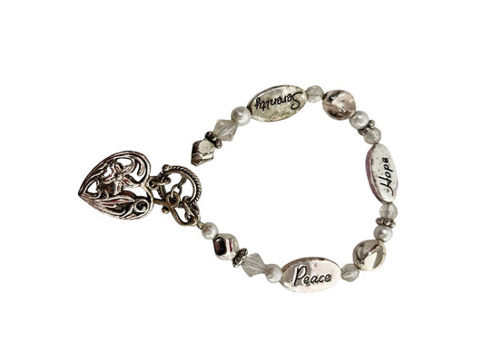 Silvertone Beaded Heart Charm Toggle Clasp 7.5" Bracelet Hope Serenity Peace