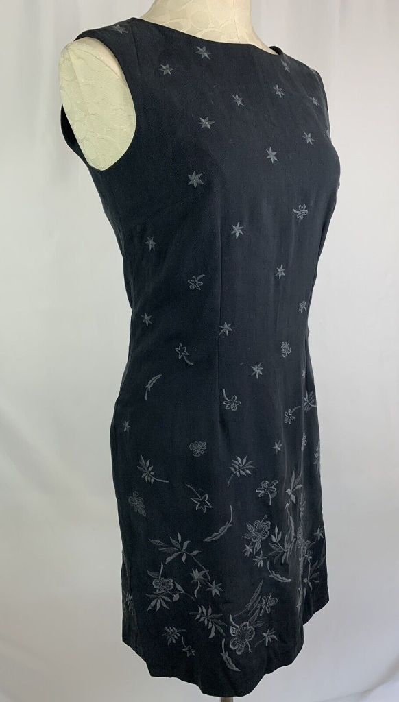 8 Tommy Bahama Silk Sheath Dress Black Sandwash Sleeveless Gray Embroidery New