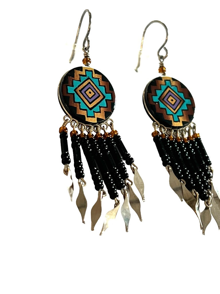 Tribal Painted Seed Bead Dangle Earrings