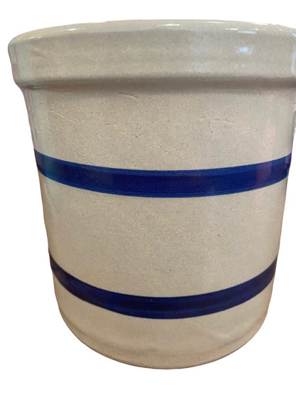 Vintage Robinson Ransbottom of Roseville, Ohio Blue Striped Pottery Crock - 6" tall and 6" diameter