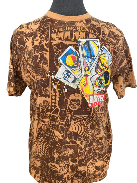 Large Marvel Brown Vintage Heros Playing Cards All Over Print T-shirt Tee