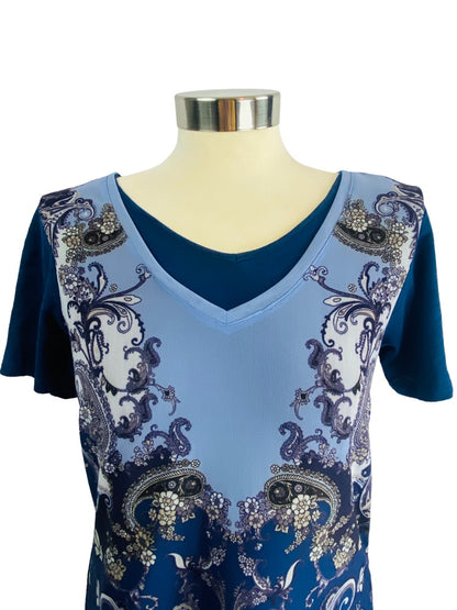 XS DG2 Diane Gilman Women's Blue V-Neck Mesh Paisley Overlay Short Sleeve Tshirt