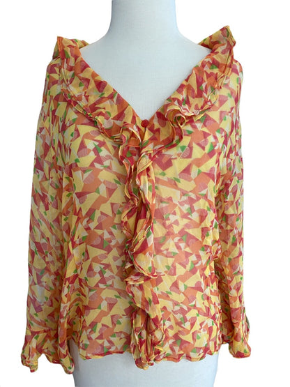 Large Richard Malcom Silk Sheer Ruffled Button Down Blouse Geometric