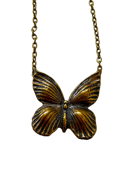Antiqued Goldtone Butterfly Pendant Necklace 14" Chain Lobster Clasp