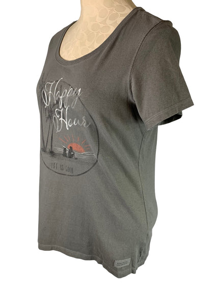 Medium Life is Good Women's Gray Short Sleeve TShirt "Happy Hour"