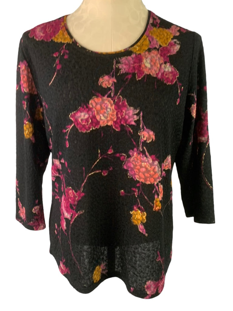 Medium Petite Alia Black Stretch Lace Floral 3/4 Sleeve Women's Top