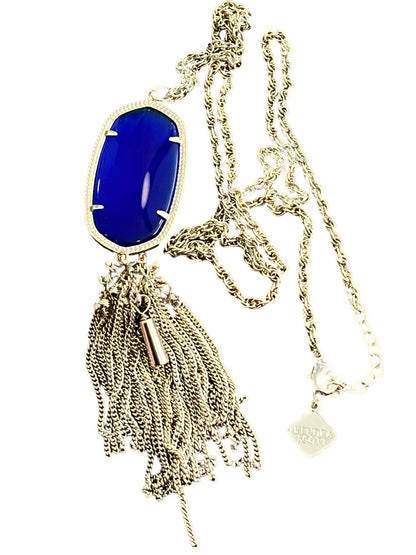 Kendra Scott Rayne Long Pendant Necklace Goldtone Blue Lariat Tassel 30" + 2"