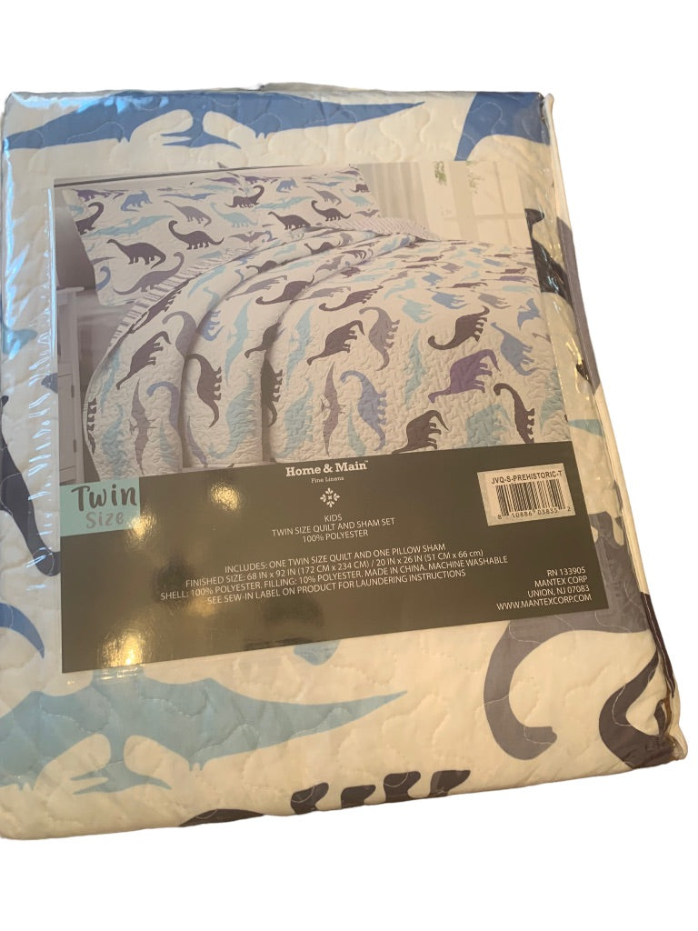 Home & Main Kids Quilt and Sham Set White Blue Dinosaur Pattern Twin Size