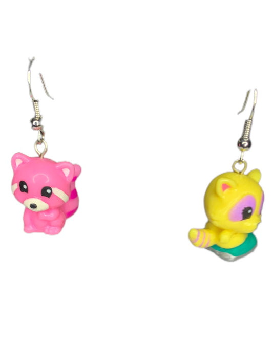 Animal Racoon Figural Earring Pink Yellow 1.5" Drop Dangle Hook Pierced