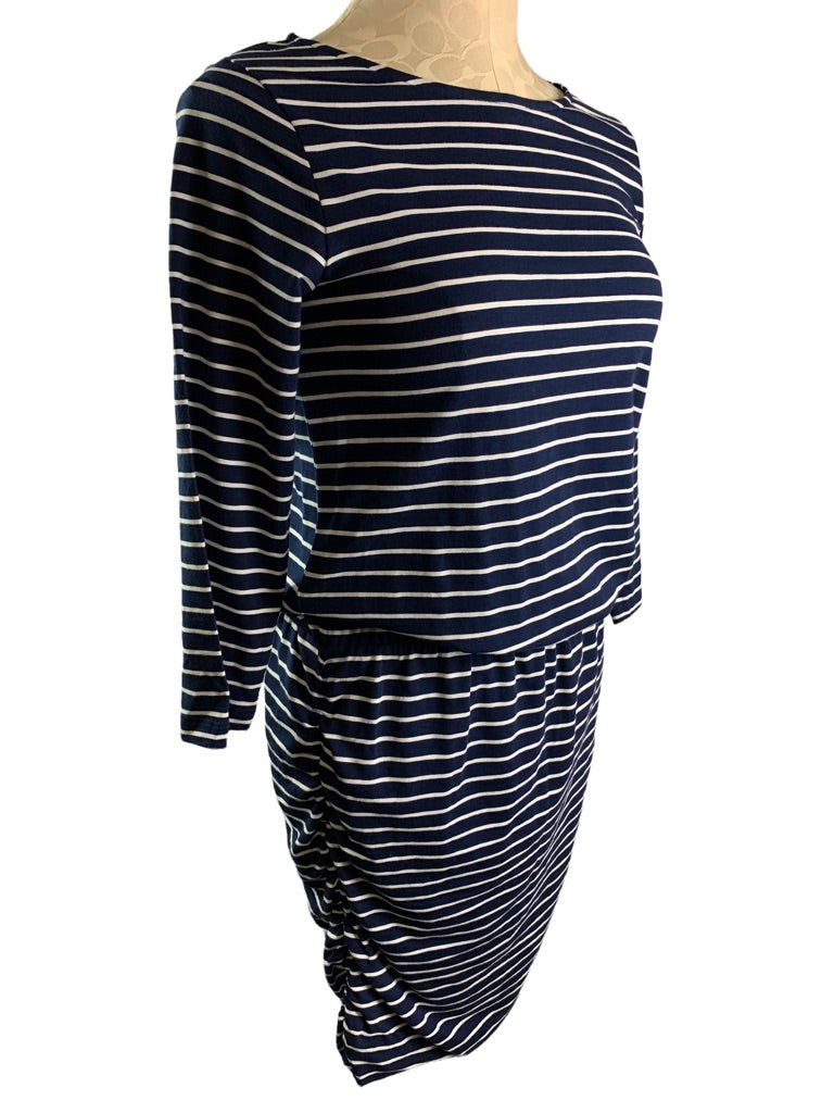 Small Hatley Blue White Striped Jersey Knit Pullover Dress Rouched Sides