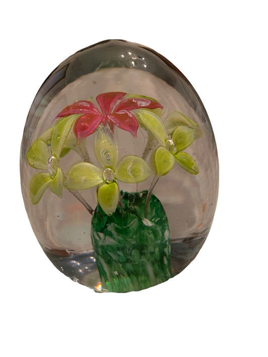 Egg Shaped Glass Paperweight Yellow Red Flowers in Grass 3.4"h x 3"d