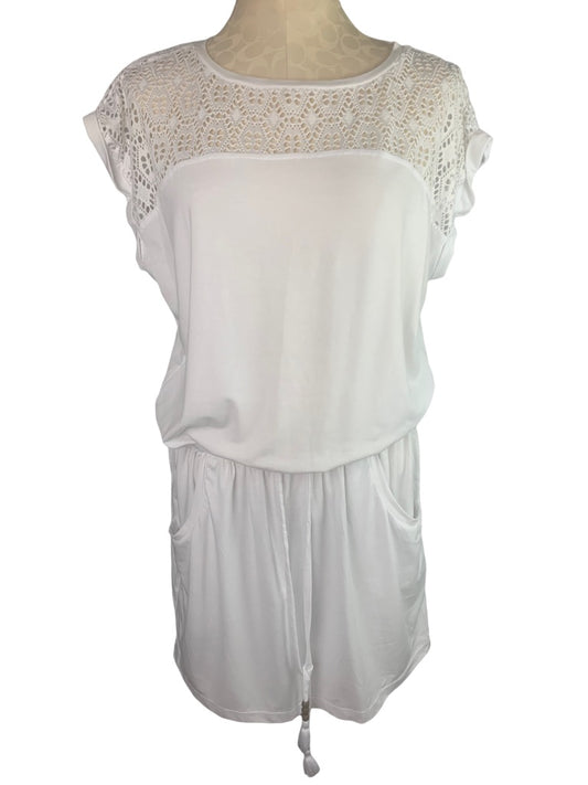 Medium Talbots White Lace Yoke Jersey Knit Pocket Dress