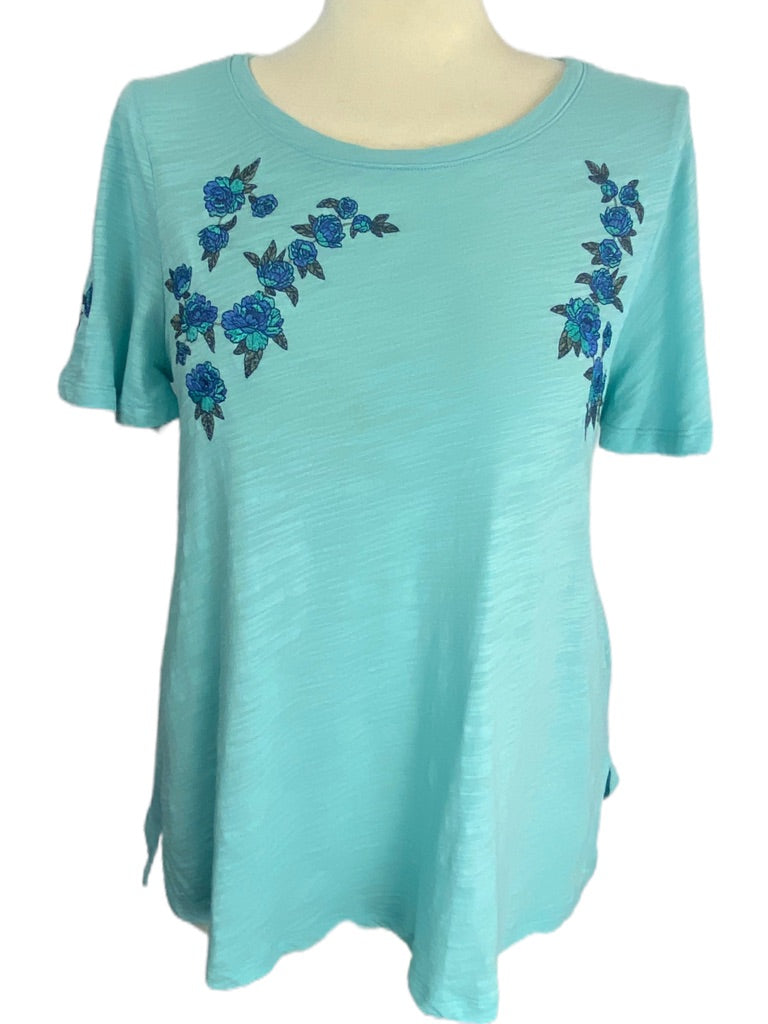 XS DG2 Diane Gilman Turquoise Round Neck Women's Tshirt Blue Rose Embroidered