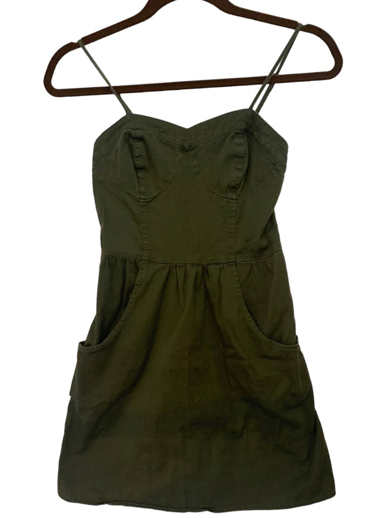 XS Mossimo Army Green A-Line Dress Spaghetti Strap Pockets Back Zip