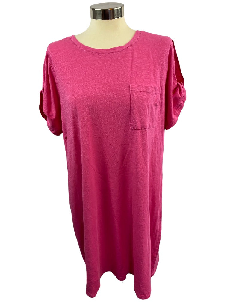 2X Sanctuary Women's Hot Pink Tunic Tshirt Single Pocket Short Sleeve 35" length