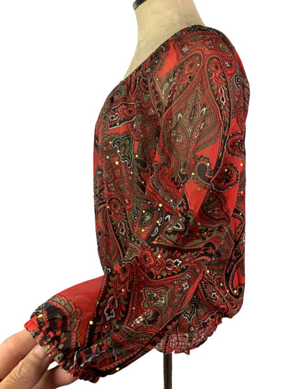 Medium Petite C.D. Petites Women's Sheer Banded Blouse Red Paisley Embellished