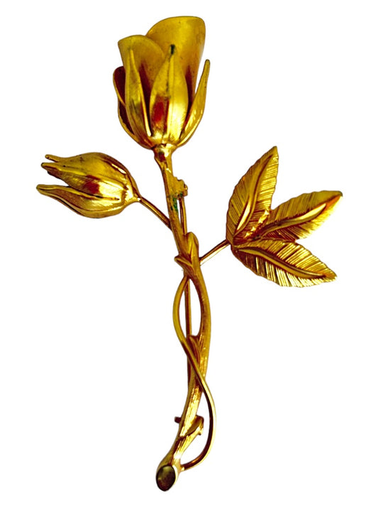 Goldtone Pin Brooch Single Long Stem Rose and Bud 2 5/8"