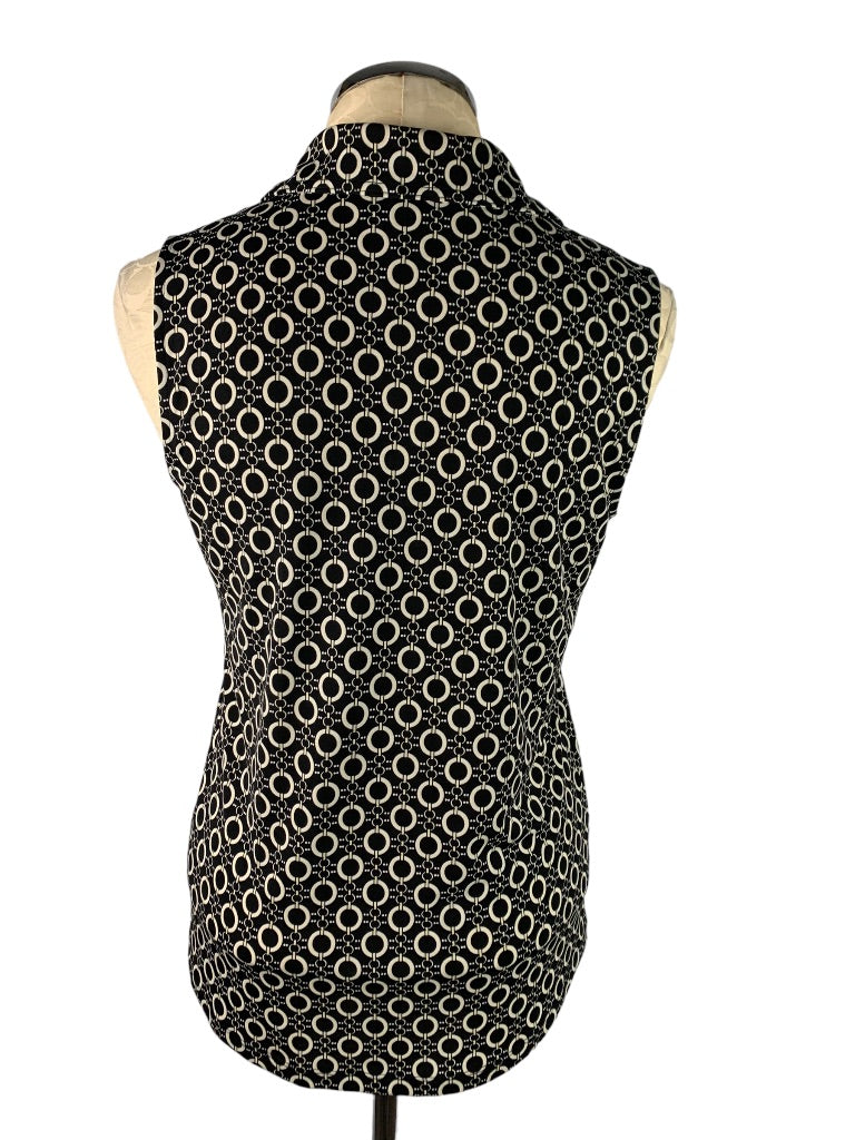 XS Kasper Women's Stretch Sleeveless Button Up Blouse Black White Print