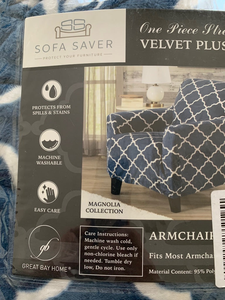 Sofa Saver One Piece Stretch Velvet Plus Slip Cover Armchair up to 43" Wide Blue White