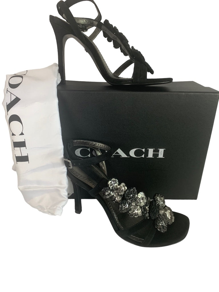 7.5B Coach Bianca Sandal Leather Paillettes Heeled Sandals Black 4" Heel G3169