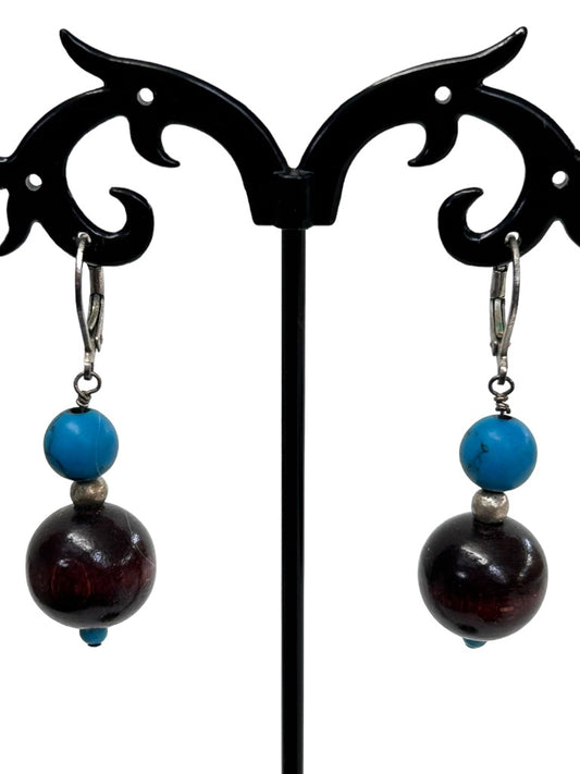 Silvertone Earrings Pierced Leverback Wood and Turquoise Beads 1.75" Drop Dangle