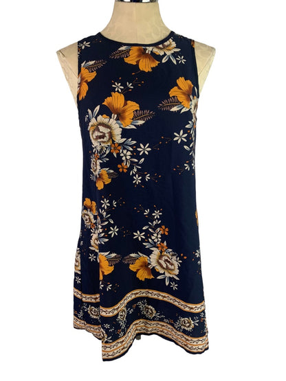 6 Shein Navy Blue Floral Pattern Sleeveless Shift Dress Short