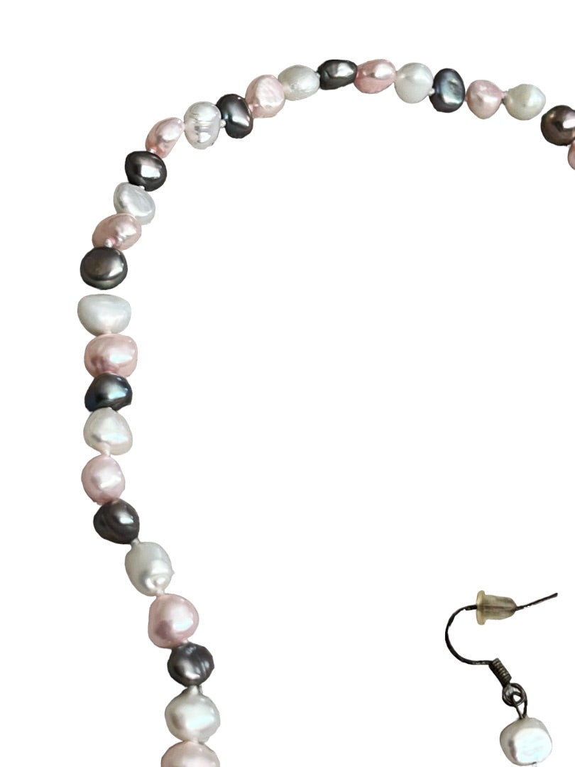 Freshwater Multicolor Pearl Necklace and Earrings Set Pink Gray White Dangle Earring