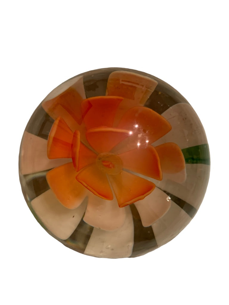 Small Glass Orange Flower Paperweight 2"d x 1.8"h