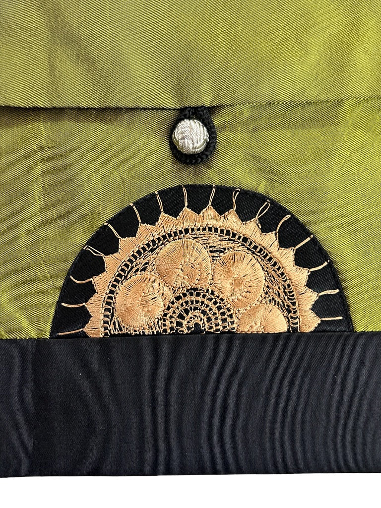 Green Gold Silky Crossbody Travel Bag Embroidered Dressy 6" x 8"
