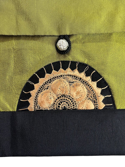 Green Gold Silky Crossbody Travel Bag Embroidered Dressy 6" x 8"