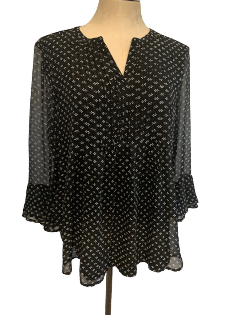 Large Izod Black Print Women's Pullover Blouse Sheer Bell Sleeve