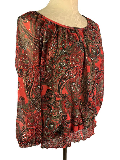 Medium Petite C.D. Petites Women's Sheer Banded Blouse Red Paisley Embellished