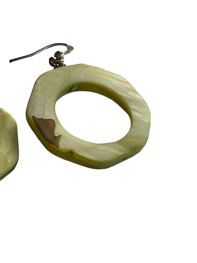 Green Carved Irradescent Round Dangle Earrings