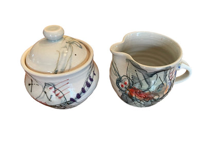 Art Pottery Sugar Bowl and Creamer Bug Designed Signed REB