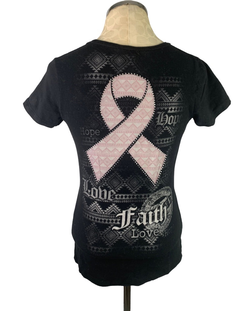 Small Katydid Women's Fitted Black Tshirt Pink Ribbon Tshirt