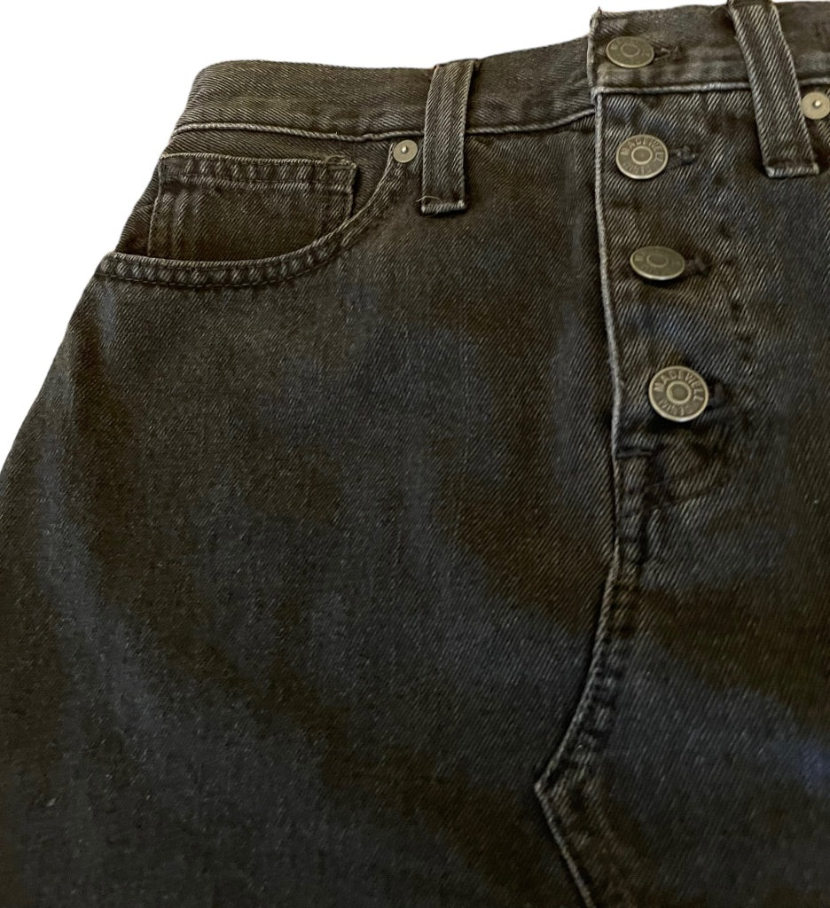 26 Madewell Rigid Denim A-Line Frayed Hem 4 Button 4 Pocket Skirt Black Jean