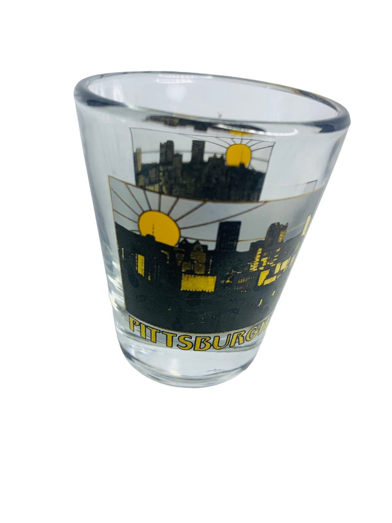 Pittsburgh Skyline Shot Glass Clear Black Gold Barware