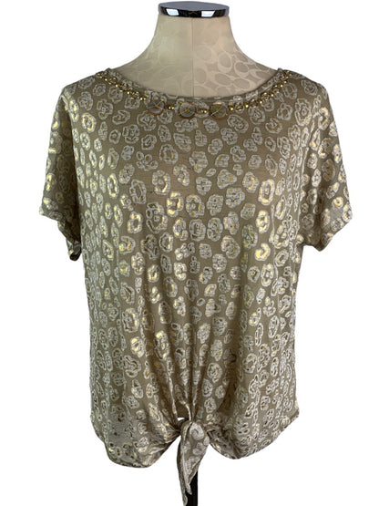 Medium Petite Ruby Rd. Women's Sheer Tie Waist Embellished Brown Tan Tshirt