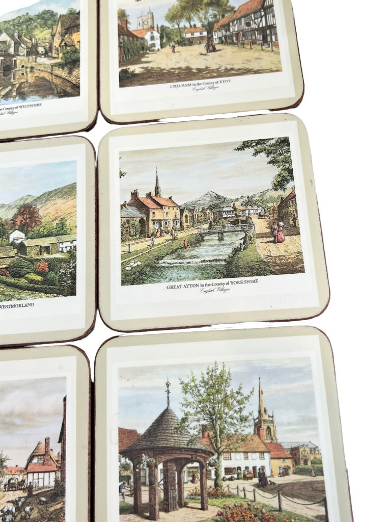 Pimpernel English Villages 4.25x4.25 Coasters Cork Bottom With Box