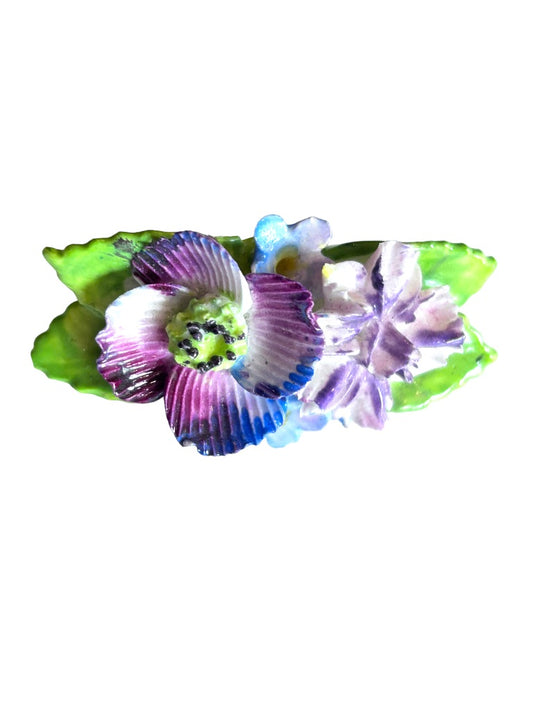 Hand Made English Bone China 1.75" Flower Brooch Pin Green Pink Purple