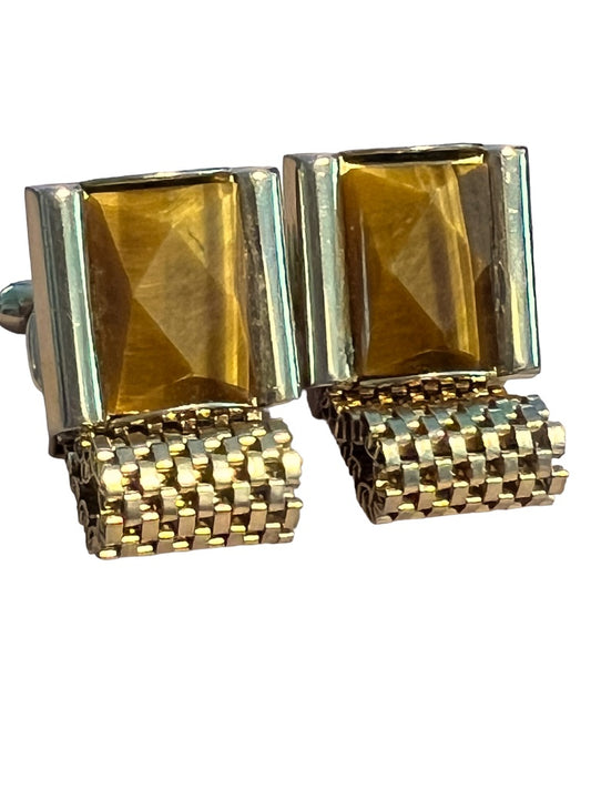 Vintage Tiger’s Eye Wrap Around Mesh Square Goldtone Cufflinks