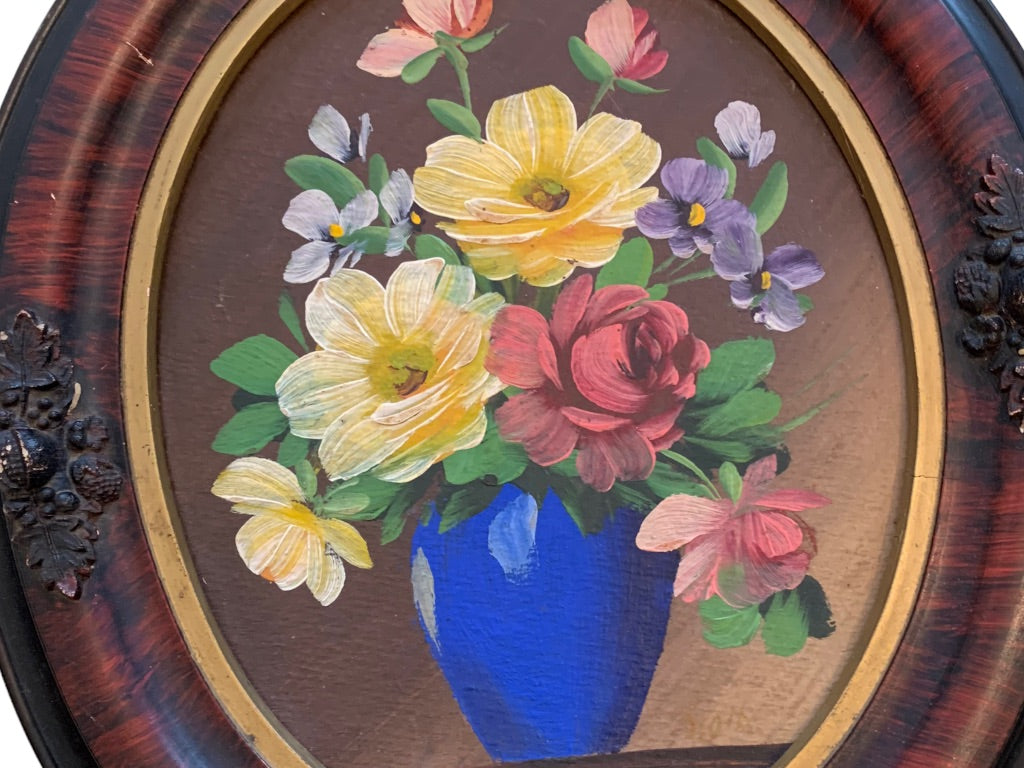 Vintage Framed Oil Painting Blue Vase Flowers Oval Gesco Studios Philadelphia 13.5" x 11.5"